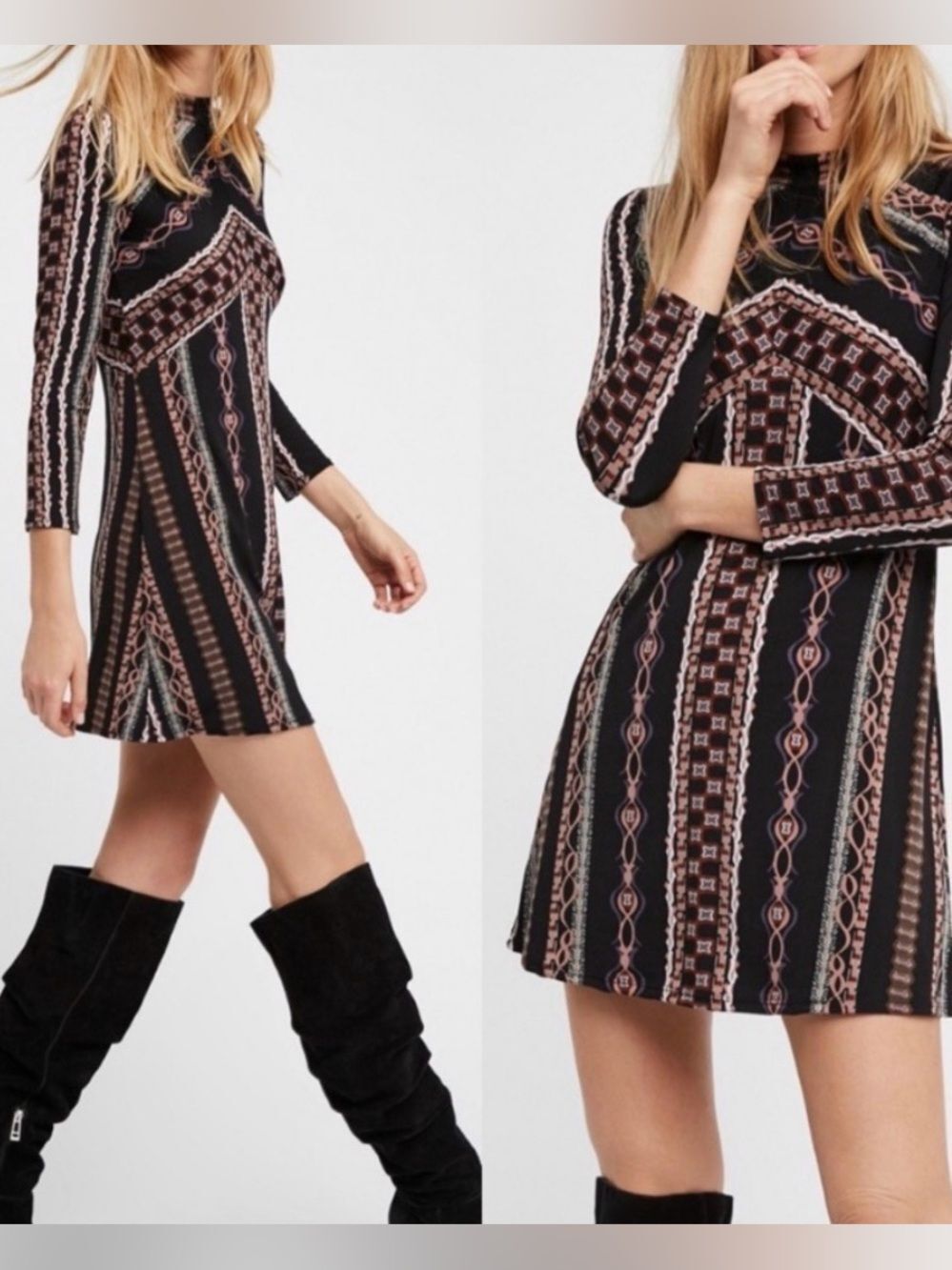 Free People Stella Mini Dress with mock neck Mod 70’s Festival